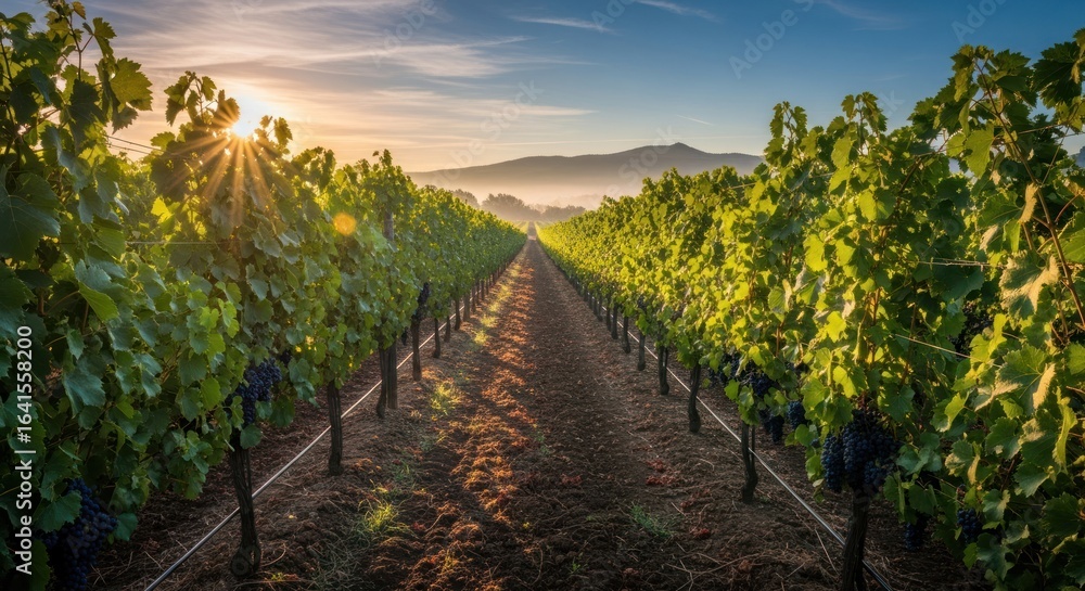 Fototapeta premium Vineyard rows converge toward sunlit hills on clear morning under pale blue sky