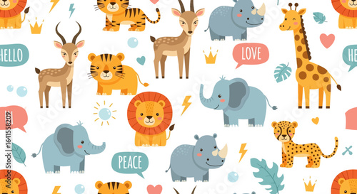A collection of charming cartoon safari animals including a gazelle, tiger cubs, elephant, lion, rhino, hippo, giraffe, and cheetah with speech bubbles and cute accents
