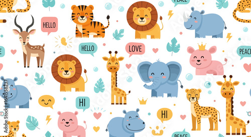 A collection of charming cartoon safari animals including a gazelle, tiger cubs, elephant, lion, rhino, hippo, giraffe, and cheetah with speech bubbles and cute accents