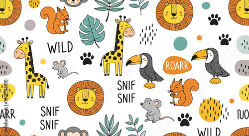 A whimsical seamless pattern featuring cute cartoon wild animals like lions, giraffes, toucans, squirrels, and mice with paw prints and jungle leaves on a white background