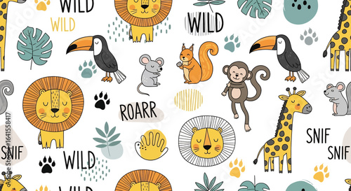 A whimsical seamless pattern featuring cute cartoon wild animals like lions, giraffes, toucans, squirrels, and mice with paw prints and jungle leaves on a white background
