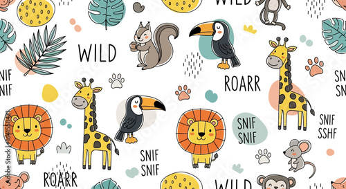 Photography A whimsical seamless pattern featuring cute cartoon wild animals like lions, gir