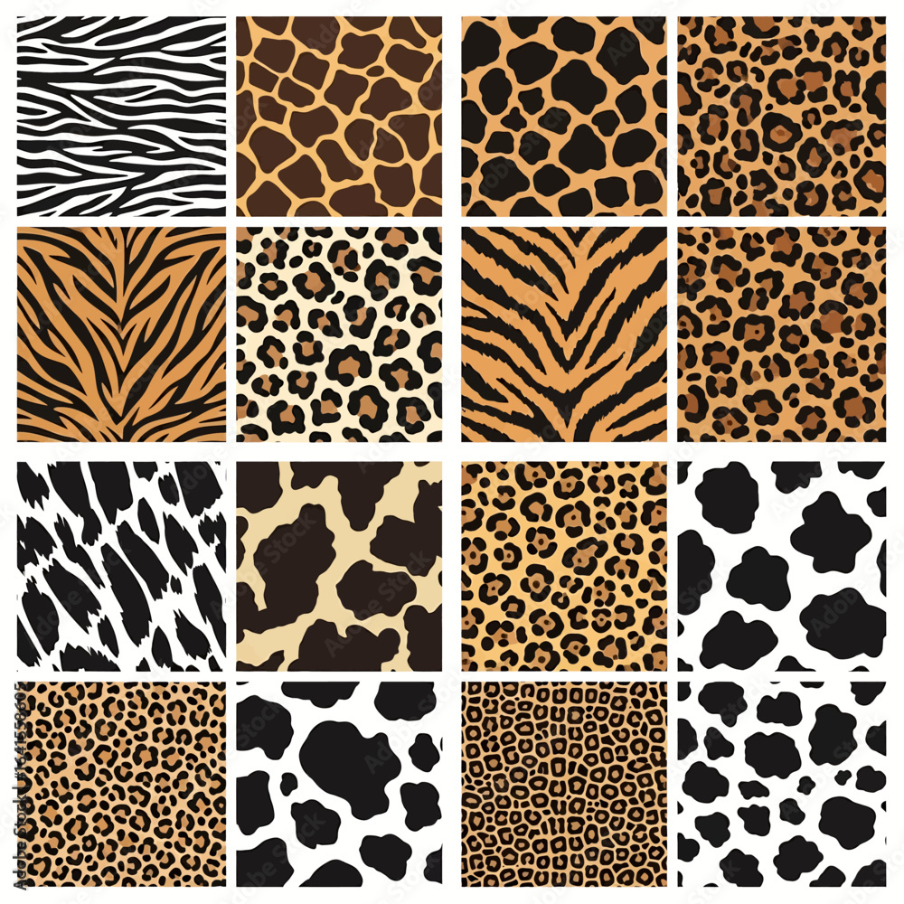 A collection of seamless animal print patterns including zebra stripes, giraffe spots, leopard rosettes, cheetah spots, tiger stripes, cow spots, and abstract spots