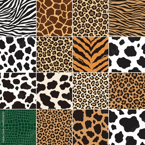 A collection of seamless animal print patterns including zebra stripes, giraffe spots, leopard rosettes, cheetah spots, tiger stripes, cow spots, and abstract spots