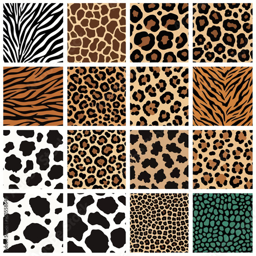 A collection of seamless animal print patterns including zebra stripes, giraffe spots, leopard rosettes, cheetah spots, tiger stripes, cow spots, and abstract spots