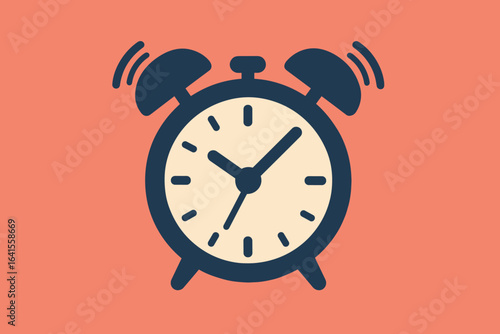 Alarm clock vector illustration. Dark blue retro alarm clock. Wake up concept. Ringing classic alarm clock icon. Morning time. Flat cartoon design. Coral background. Time management. Reminder.