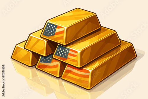 USA gold bars stacked with American flag reflection. United States gold reserve concept. Shiny golden ingots, wealth finance savings, banking security investment. American economy vector illustration