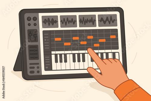 Digital Music Production Tablet, Electronic Beat Maker Interface, Touchscreen Synthesizer, Audio Editing, Modern Sound Design, Creative Composer Using Music App for Song Creation and Arrangement
