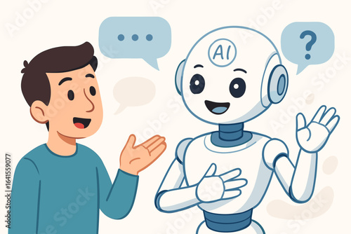 Artificial Intelligence Robot and Human Conversation, AI Technology, Chatbot Communication, Friendly Robot Answering Questions, Speech Bubbles, Vector Cartoon Illustration, Modern Digital Interaction