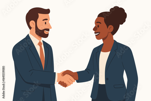 Business partnership handshake agreement, professional diverse man and woman in formal suits closing deal, collaboration, teamwork, negotiation success, corporate office concept, vector illustration