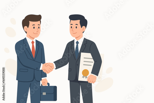 Business deal web banner with two businessmen shaking hands over agreement, partnership and contract signing illustration, flat design with copy space, white background