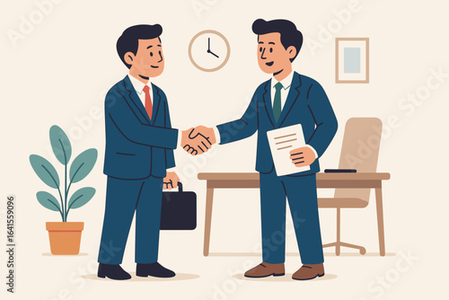 Business handshake, partnership agreement, contract negotiation in office setting. Two male professionals shaking hands, making deal, cooperation, team success, corporate alliance, flat vector