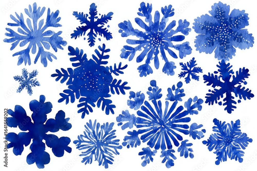 Set Of Watercolor Blue Snowflakes On White Background Set Of Watercolor Blue Snowflakes On White Background