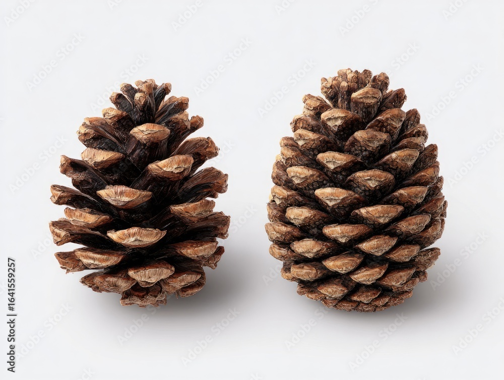 Two pine cones, light brown, oval-shaped, on a plain white background Two pine cones, light brown, oval-shaped, on a plain white background