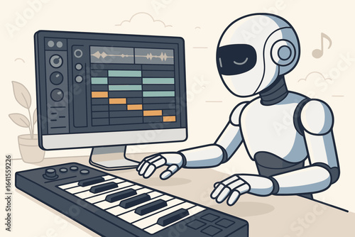 Artificial Intelligence Robot Composing Music with Digital Audio Workstation, MIDI Keyboard, and Computer, Futuristic Technology, Creative Automation, Music Production Studio, Vector Illustration