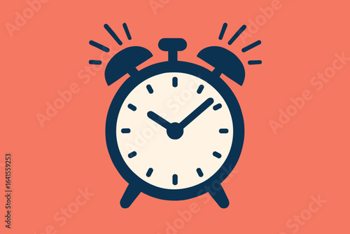 Alarm clock illustration, vintage wake up time concept, flat vector design, ringing blue retro alarm clock, morning routine symbol, punctuality, urgency, cartoon style, coral background