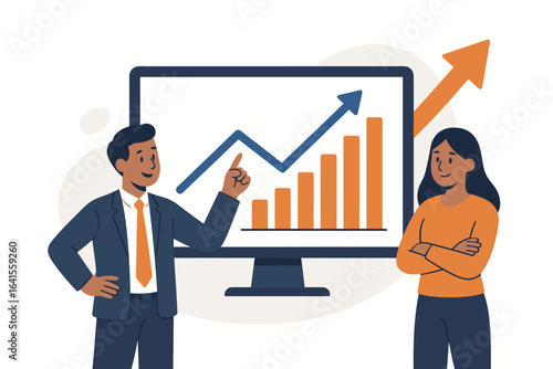 Business growth teamwork success, male and female professionals present rising sales graph analytics on monitor, revenue increase, profit uptrend, data-driven performance, modern office concept vector