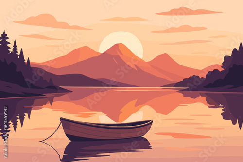 Tranquil mountain lake landscape at sunset with rowboat on still water, peaceful evening, vibrant reflection of mountains and forest, serene adventure travel nature background for relaxation
