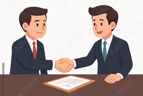 Business partnership handshake, contract agreement, professional businessmen in suits closing deal, corporate negotiation, teamwork success, office collaboration, cartoon vector illustration