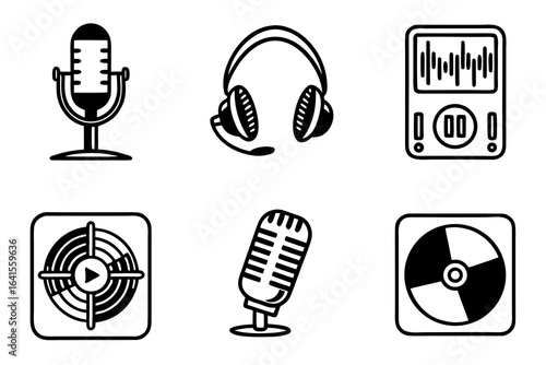 Set of audio and music icons isolated on white background