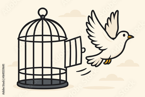 Freedom concept, bird escaping open cage, vector illustration. Liberation, hope, new beginnings, overcoming limits, breaking free, peace, success. Minimalist cartoon with light background.
