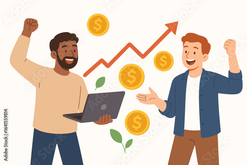 Successful stock market investors celebrating financial growth. Diverse businesspeople with laptop, money coins, upward graph. Investing, profit, savings, wealth, teamwork, economic success, finance
