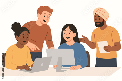 Casual teamwork vector illustration with diverse group of people collaborating at computers, flat design, modern workplace, business cooperation, office teamwork concept on white background