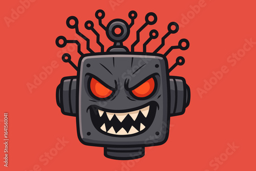 Angry evil robot head artificial intelligence. Aggressive AI face. Futuristic technology threat. Cartoon cybernetic villain machine with red glowing eyes. Menacing bot icon. Vector illustration