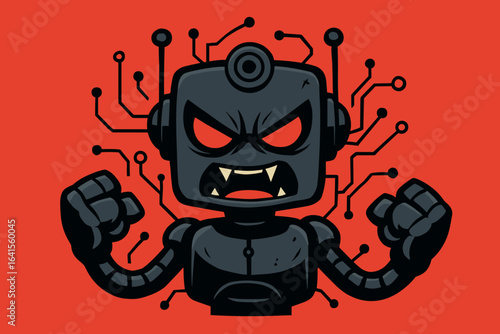 Angry Evil Robot AI Concept, Aggressive Artificial Intelligence Character, Red Background, Circuit Connections, Futuristic Technology Vector, Cyber Threat, Menacing Machine Cartoon Illustration