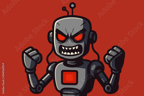 Evil robot artificial intelligence vector illustration. Aggressive angry AI character with glowing red eyes and clenched fists, technology threat, evil cartoon robot, menace on red background