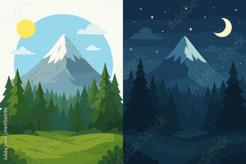 Day and Night Mountain Forest Scene, Split Landscape with Pine Trees, Sun and Moon, Vibrant Nature Season Change, Nature Wilderness Vector, Cartoon Style, Outdoor Adventure, Dual Time Concept