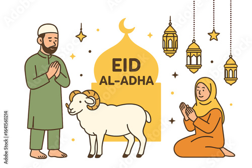 Eid al-Adha celebration illustration showing Muslim man and woman praying, halal sacrificial sheep, lanterns, crescent moon, Islamic festival traditions, vector art for holiday greetings, religion