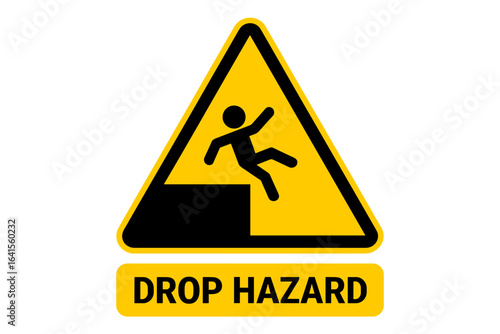 Drop hazard warning sign vector illustration. Falling risk symbol. Workplace safety, construction site, industrial zone accident prevention. Caution icon. Man falling from edge. Yellow triangle alert.