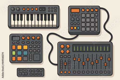 Electronic music production equipment vector illustration. Synthesizer keyboard, drum machine, sampler, DJ mixer, audio interface, MIDI controllers. Modern studio setup for techno, house, dubstep