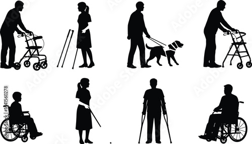 Silhouettes of people using mobility aids, wheelchair, crutches, walker, guide dog, white cane, disability support, assistive devices, accessibility concept