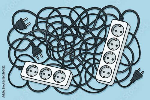 Tangled Electrical Extension Cords and Power Strips on Blue Background, Messy Wires, Chaos, Unsafe, Electricity Overload, Household and Office Cable Management Issue, Vector Illustration