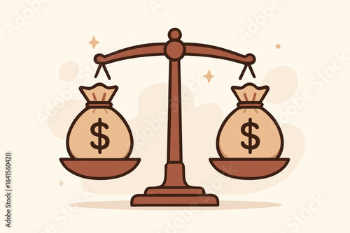 Equal pay scale, balance with money bags, fair salary distribution, economic equality, justice in wages, financial fairness, gender neutrality, compensation concept, business vector illustration