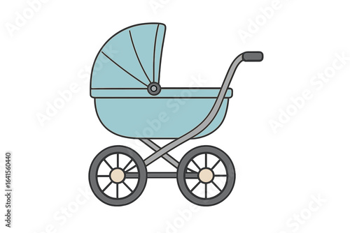 Baby stroller pram vector illustration, classic retro carriage with canopy and handle, newborn infant transport icon, isolated blue buggy, baby pushchair, vintage perambulator, baby carriage side view