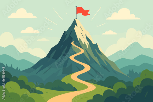 Success Journey Metaphor. Mountain Peak with Red Flag and Winding Trail. Achievement, Business Challenge, Goal Setting, Career Milestone, Ambition, Perseverance, Landscape, Inspiration, Motivation.