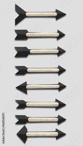 Wooden arrows with black tips arranged vertically on grey background  