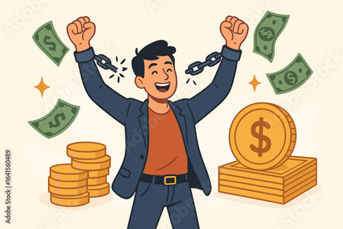 Financial Freedom Achievement, Debt-Free Success, Male Breaking Chains, Wealth Liberation, Independence, Money Empowerment, Rich Lifestyle, Prosperity, Economic Victory, Vector Illustration