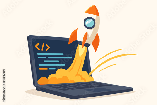 Rapid software development concept. Rocket launching from laptop with code, symbolizing fast website deployment, programming innovation, startup success, agile technology, vector cartoon illustration