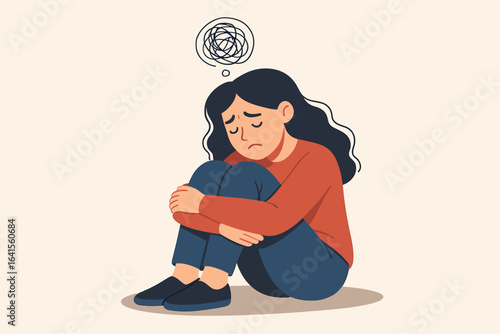 Vector illustration of anxious woman sitting on floor feeling stressed and depressed, female mental health concept with cartoon style, emotional struggle, anxiety and depression awareness