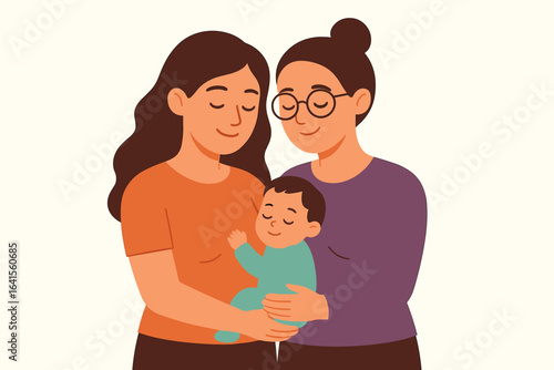 Loving LGBTQ Family Concept. Two Lesbian Mothers Holding Baby, Standing Together. Same-Sex Parenting, Modern Family, Tolerance, Inclusion, Parenthood, Diversity. Flat Vector Illustration.
