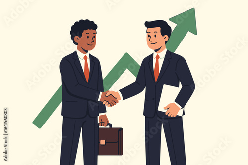 Successful business deal handshake, two diverse businessmen in suits, briefcase and documents, upward growth arrow, financial partnership agreement, teamwork, cooperation, flat vector illustration