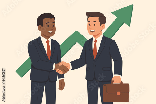 Successful business partnership handshake, two diverse businessmen in suits sealing agreement, upward green arrow, financial growth, teamwork, flat design, corporate deal, career progress