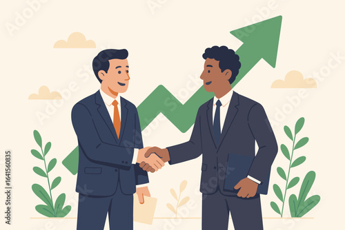 Business partnership handshake agreement, teamwork success, collaboration, corporate deal, businessmen shaking hands, financial growth, upward arrow, flat style vector illustration