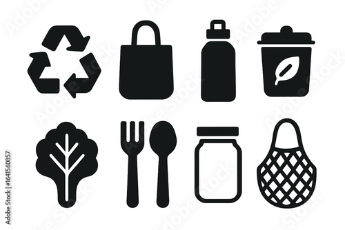 Sustainable living essentials depicted through icons representing eco-friendly practices and items for a greener lifestyle