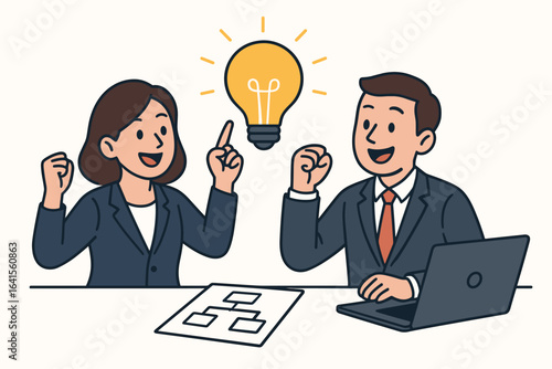 Great idea concept with two business people collaborating, man and woman smiling, happy teamwork, creative light bulb moment, flat design cartoon illustration, white background vector