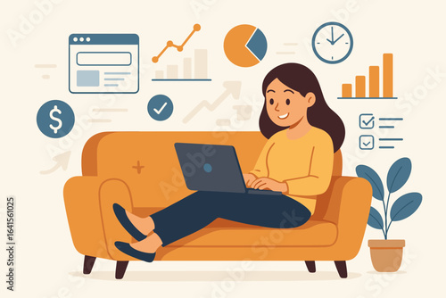 Remote Work Efficiency Concept, Woman on Sofa Using Laptop at Home Office, Productivity, Online Business, Data Analysis, Charts, Graphs, Task Management, Financial Success, Digital Workspace Scene